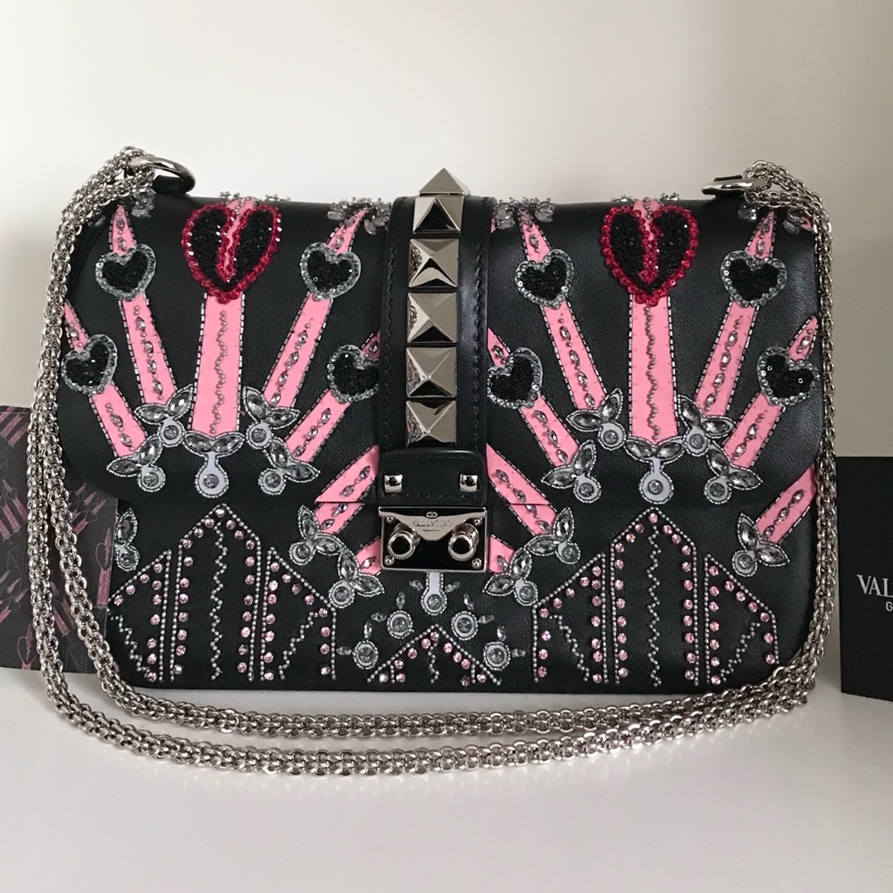 Valentino crystal beaded rockstud glam lock leather bag